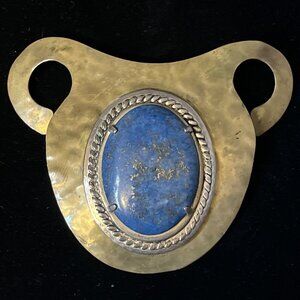 Vintage Native American Slide Pendant Lapis Lazuli Brass Silver 3.25" 36.3g